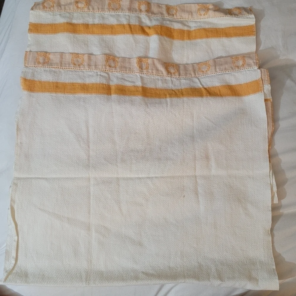 Vintage 50's Woven Tea Towels Jacquard Wreath Bow Ivory Orange Bundle 2 Linen